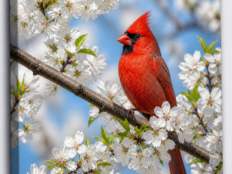 Northern Cardinal in Spring — Cherry Blossom Canvas